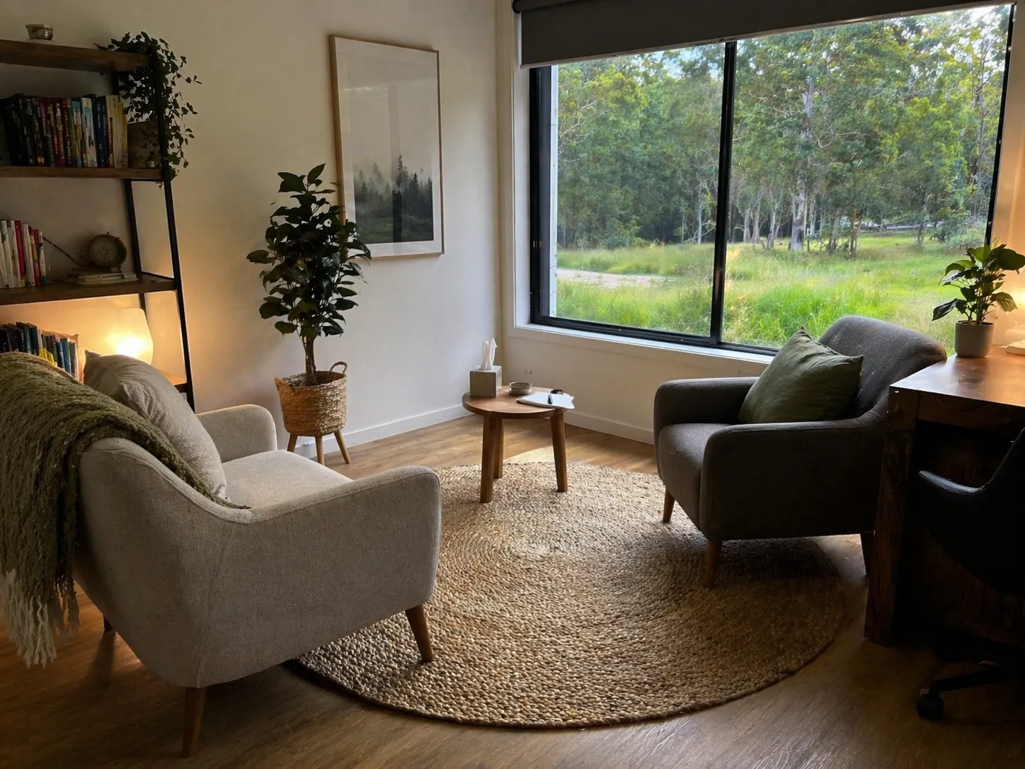 A quiet corner set up for a telehealth (online) session